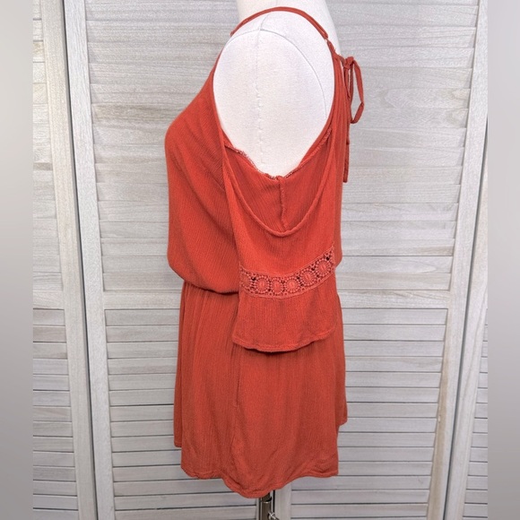 MOSSIMO Boho Shortie Romper with Cold Shoulder & Crochet Details Rust-Medium - Picture 2 of 4